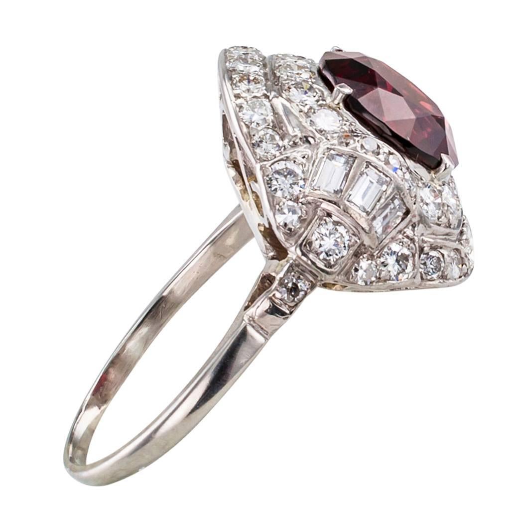 Art Deco 1930s Garnet Diamond Platinum Ring