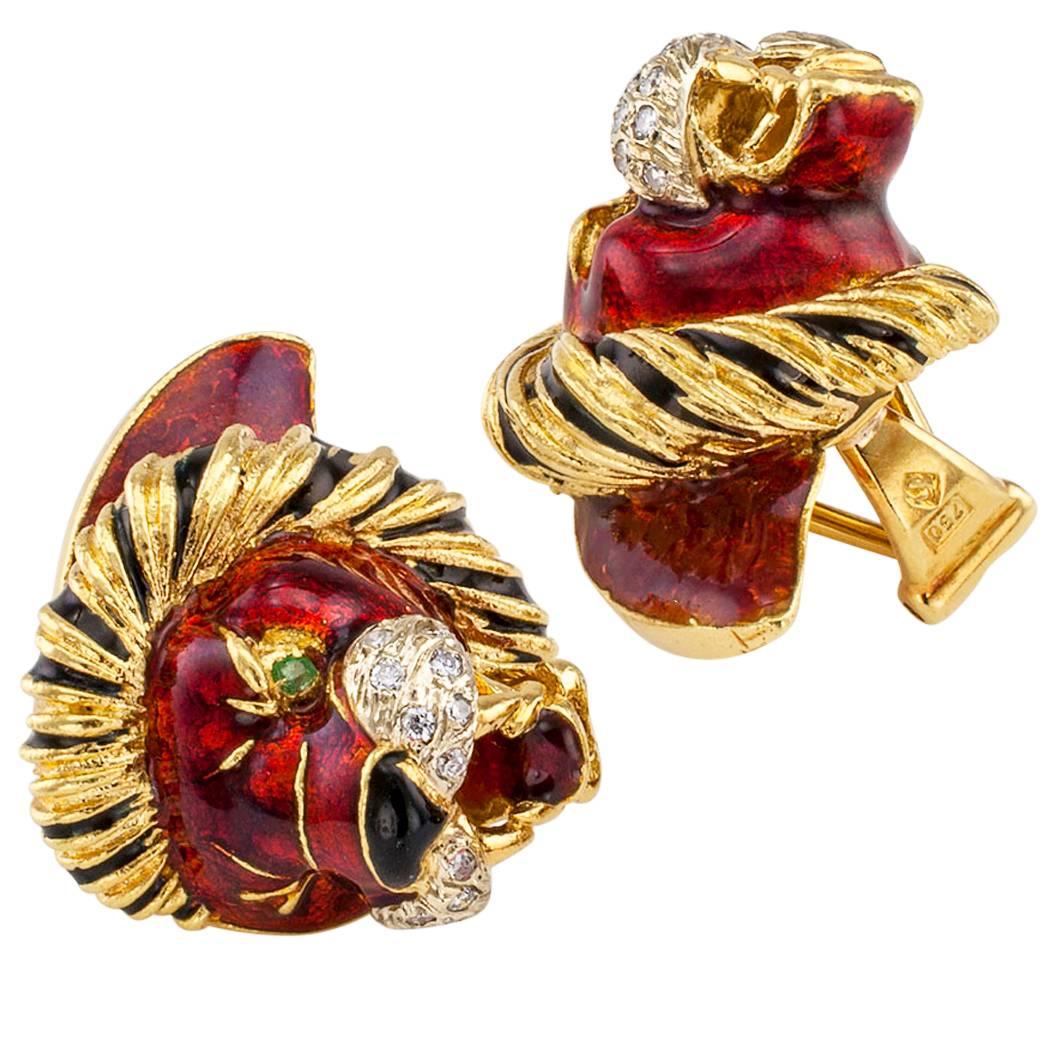 Modern 1970s Lion Head Ear Clips Enamel Emerald Diamond Gold
