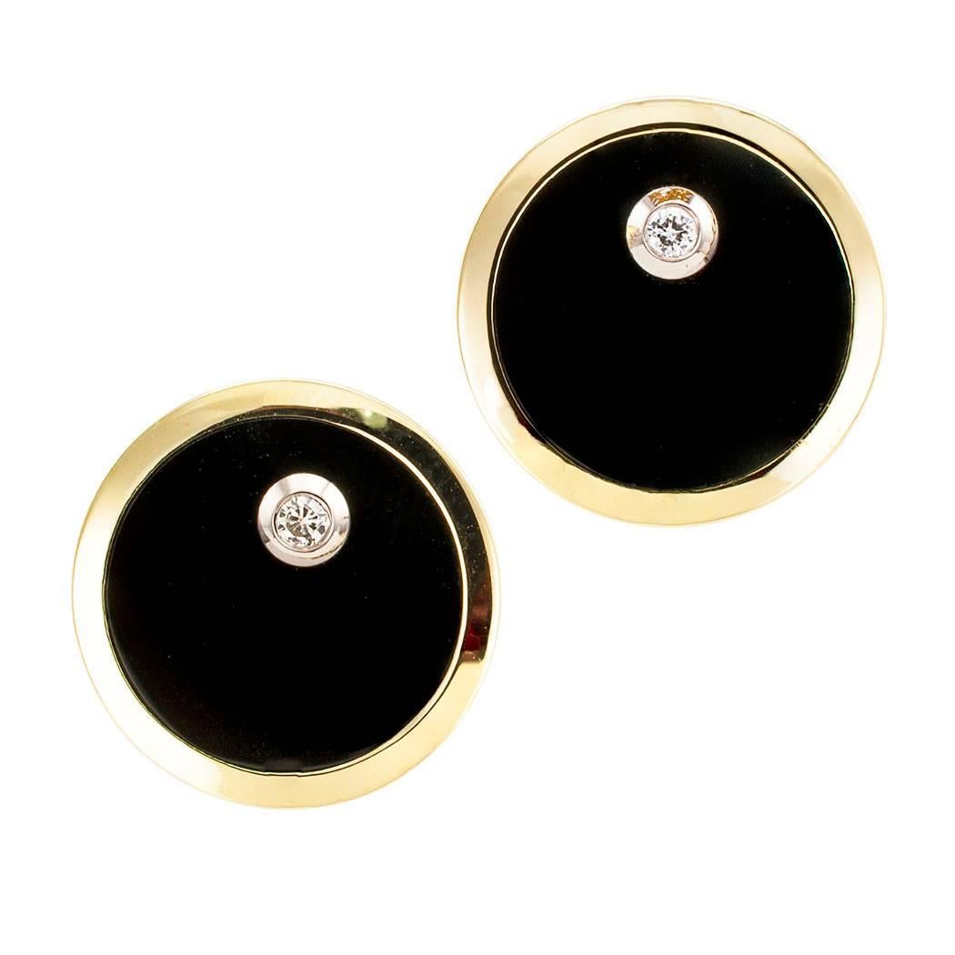  1960s Black Onyx Diamond Gold Cufflinks