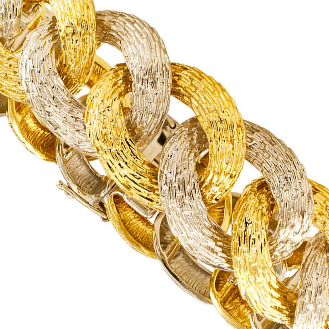 French 1980s Two Tone Gold Curbed Link Bracelet In Good Condition In Los Angeles, CA