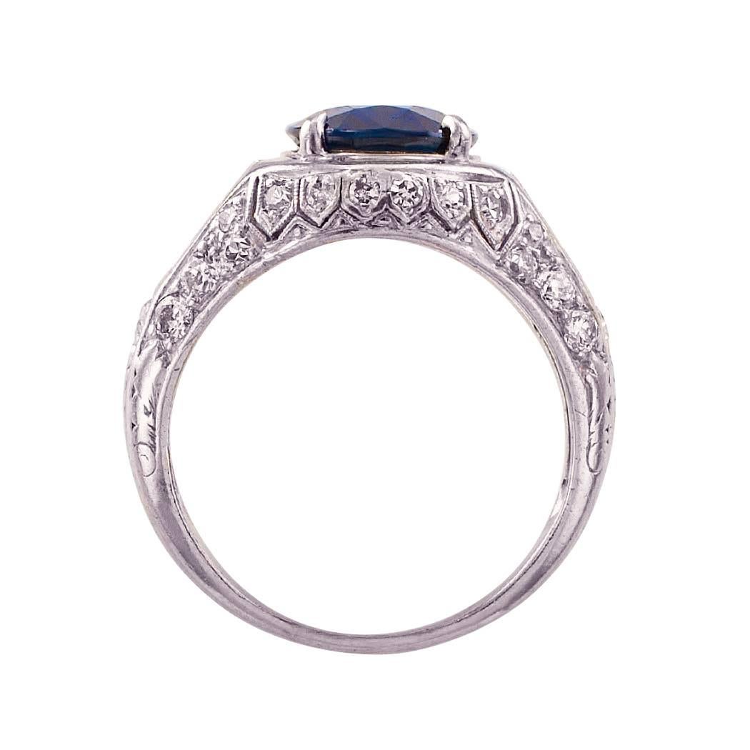 Women's Burma No Heat 2.93 Carat Blue Sapphire Diamond Platinum Art Deco Ring