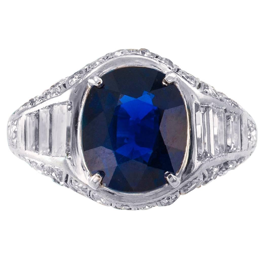 Unheated 2.93 carats Burma blue sapphire and diamond Art Deco platinum ring circa 1930. Featuring a 2.93 carats blue sapphire accompanied by a report from American Gemological Laboratories stating that the sapphire is of Burmese origin and shows no