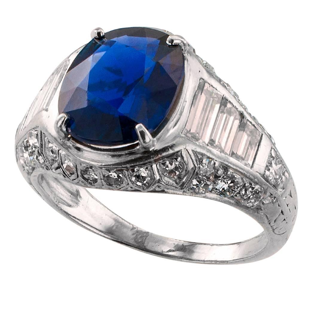 Burma No Heat 2.93 Carat Blue Sapphire Diamond Platinum Art Deco Ring In Good Condition In Los Angeles, CA