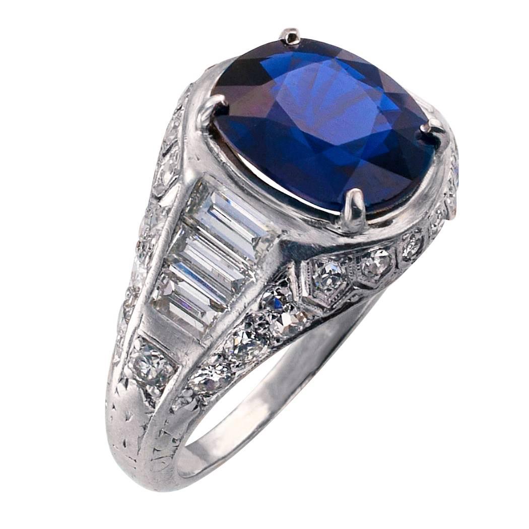 Burma No Heat 2.93 Carat Blue Sapphire Diamond Platinum Art Deco Ring