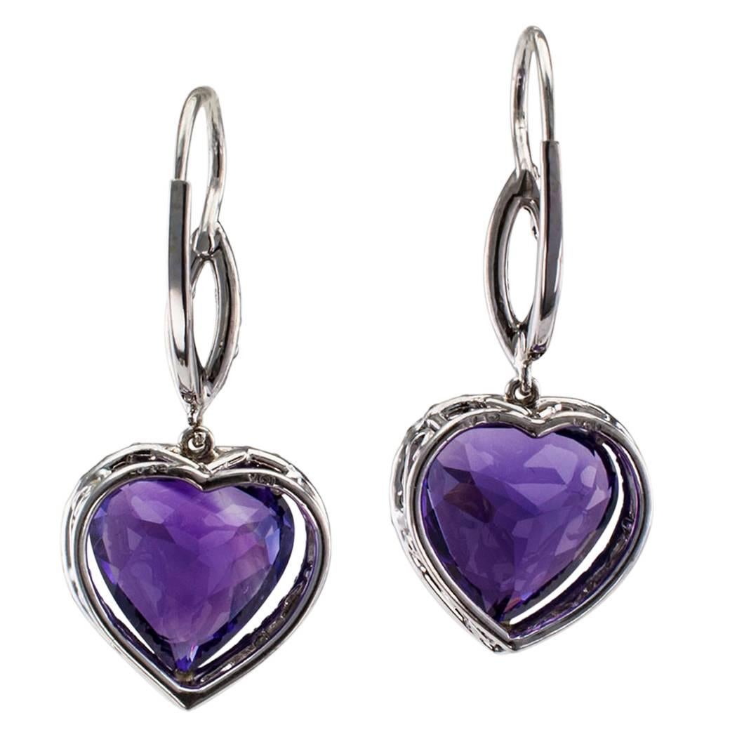 Contemporary Heart Shaped Amethyst Diamond Platinum Earrings