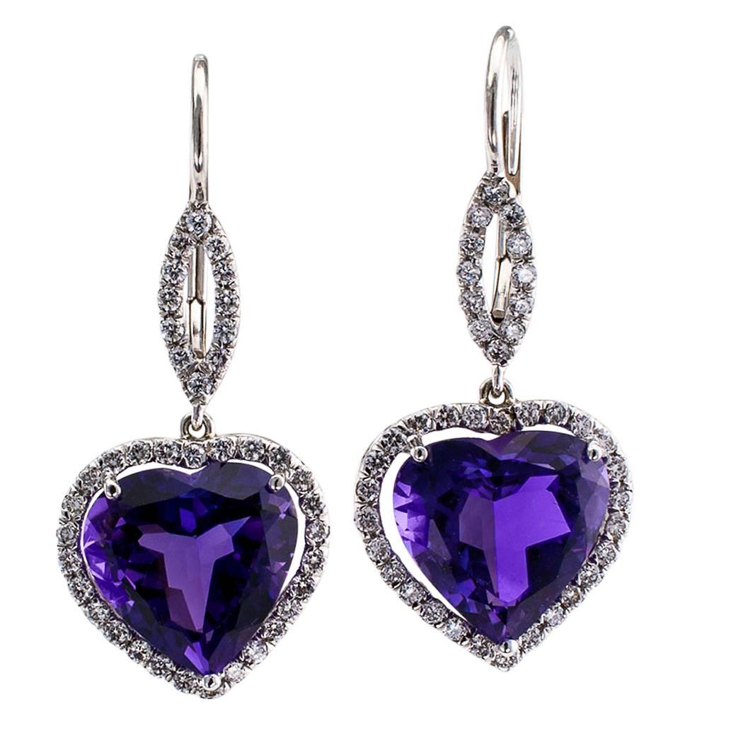 Heart Shaped Amethyst Diamond Platinum Earrings
