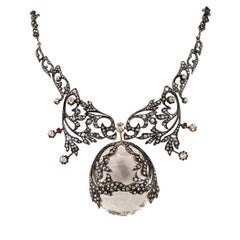 Victorian 1890s Diamond Rock Crystal Ruby Silver Gold Necklace