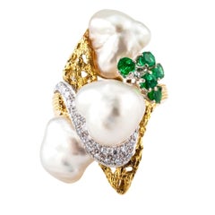 Biwa Pearl Emerald Diamond Gold Cocktail Ring