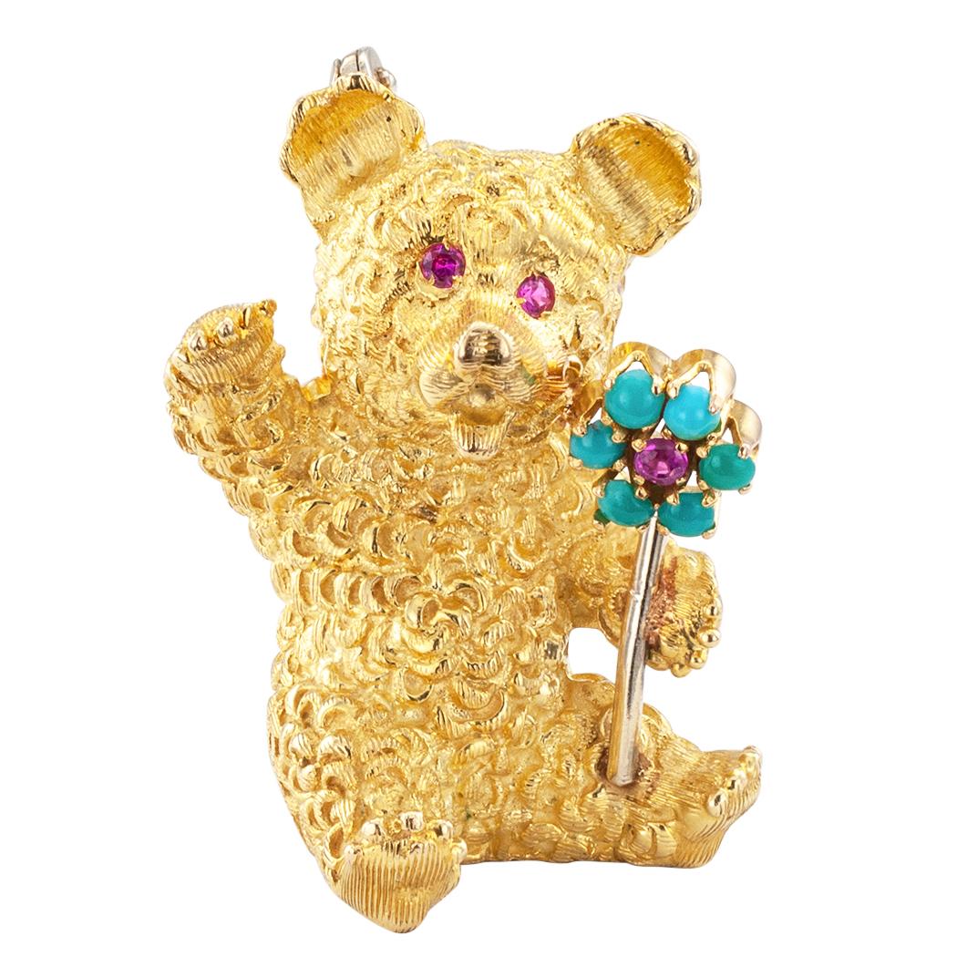 Cartier Teddy Bear Brooch Ruby Turquoise Gold