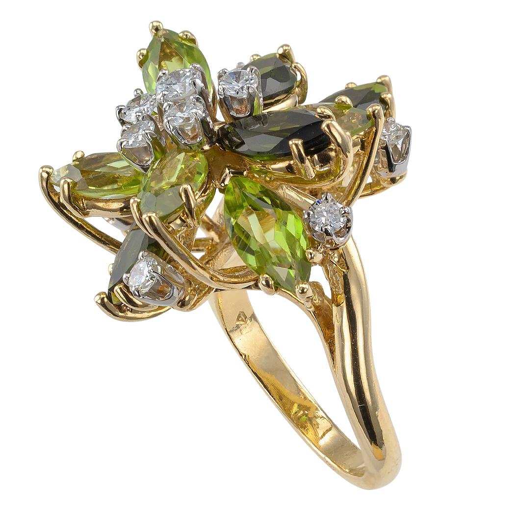Modern Peridot Green Tourmaline Diamond Gold Cocktail Ring