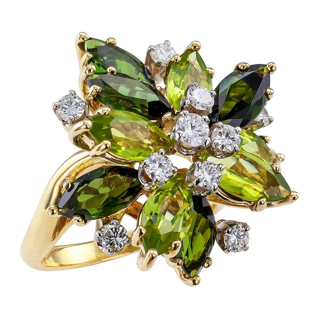 Peridot Green Tourmaline Diamond Gold Cocktail Ring In Good Condition In Los Angeles, CA