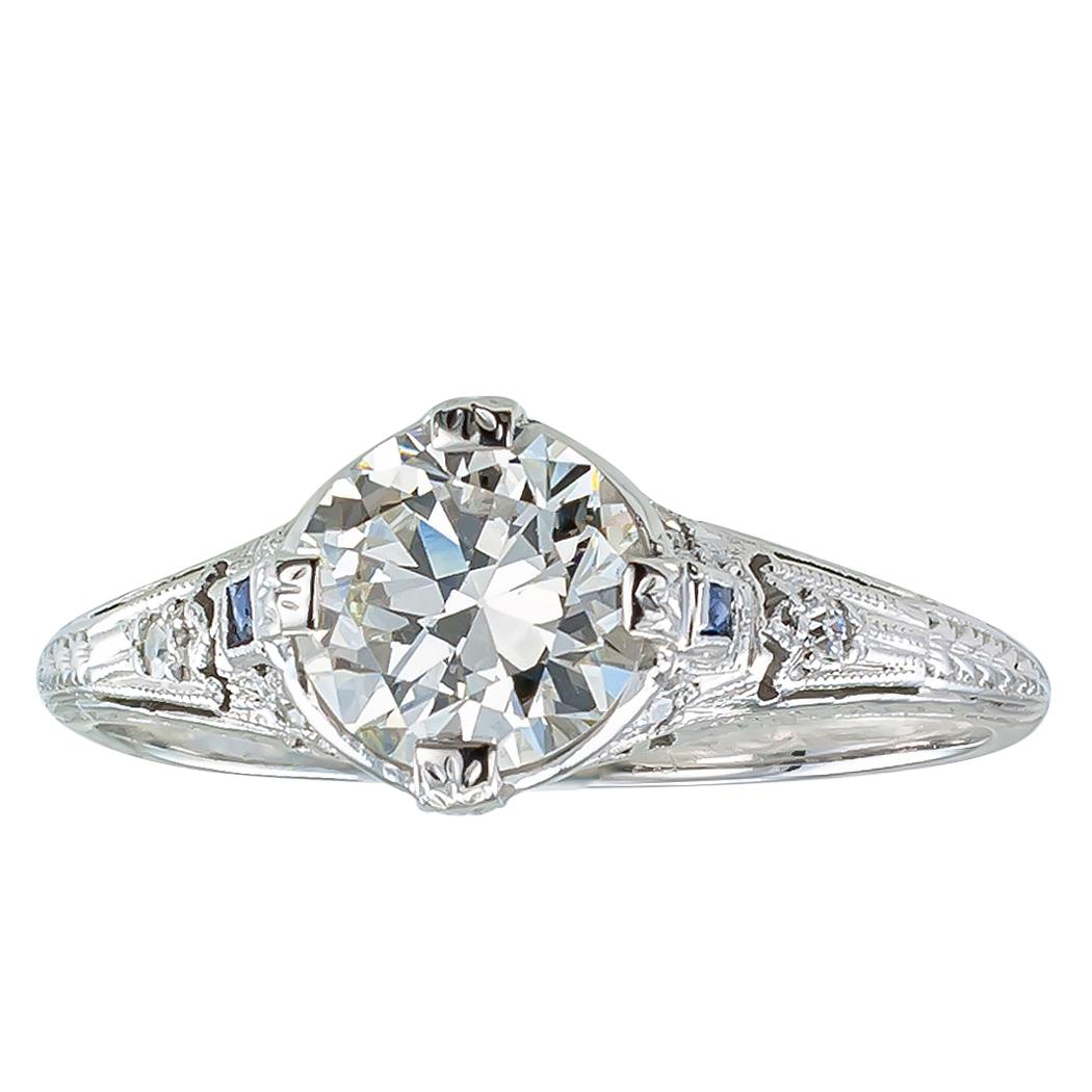 Art Deco 0.96 carat diamond and platinum solitaire engagement ring circa 1920. *
SPECIFICATIONS:
CENTER DIAMOND:  one transitional-cut diamond weighing 0.96 carat, accompanied by a report from EGL-USA stating that the diamond is H color, VS2