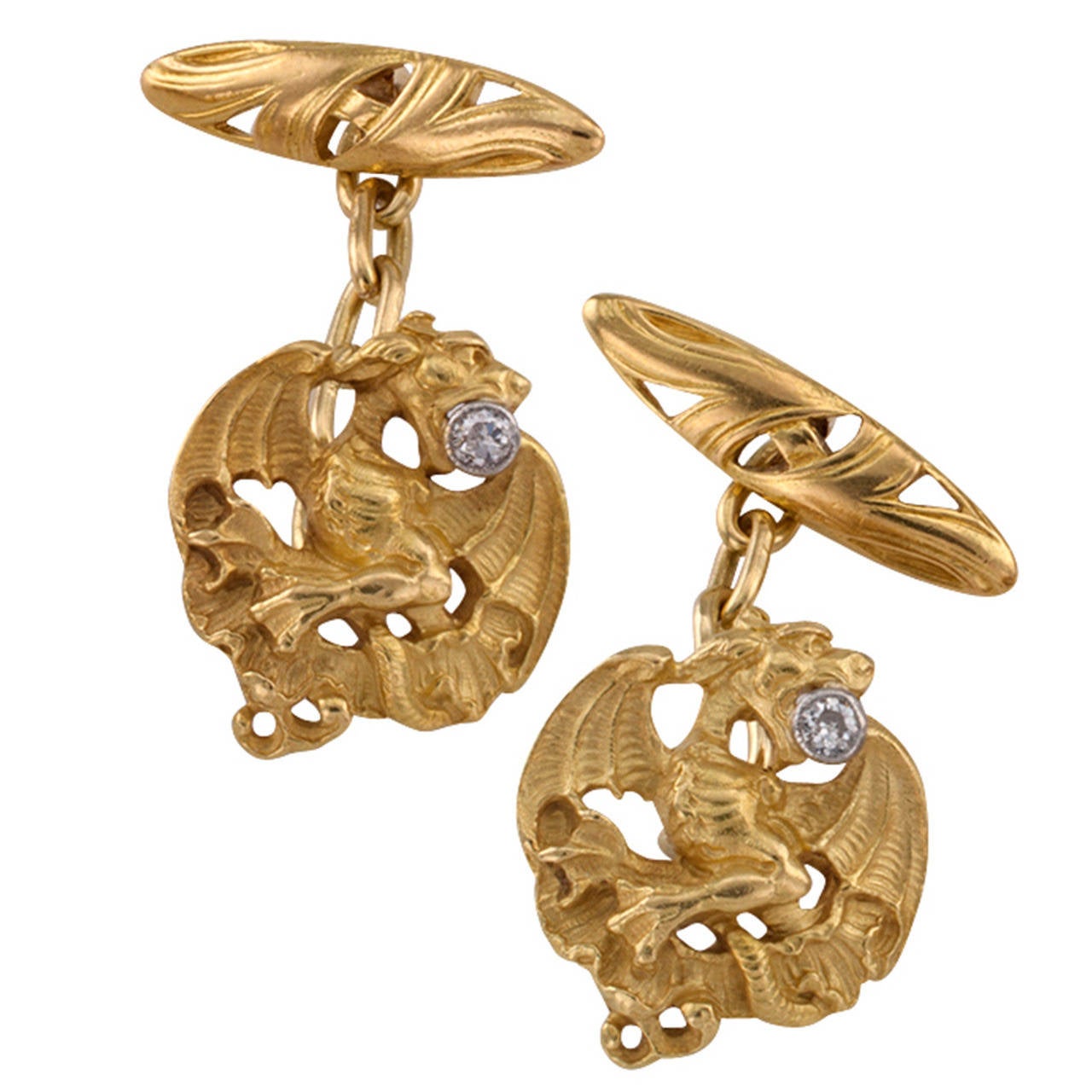 Art Nouveau Diamond Gold Griffin Cufflinks
