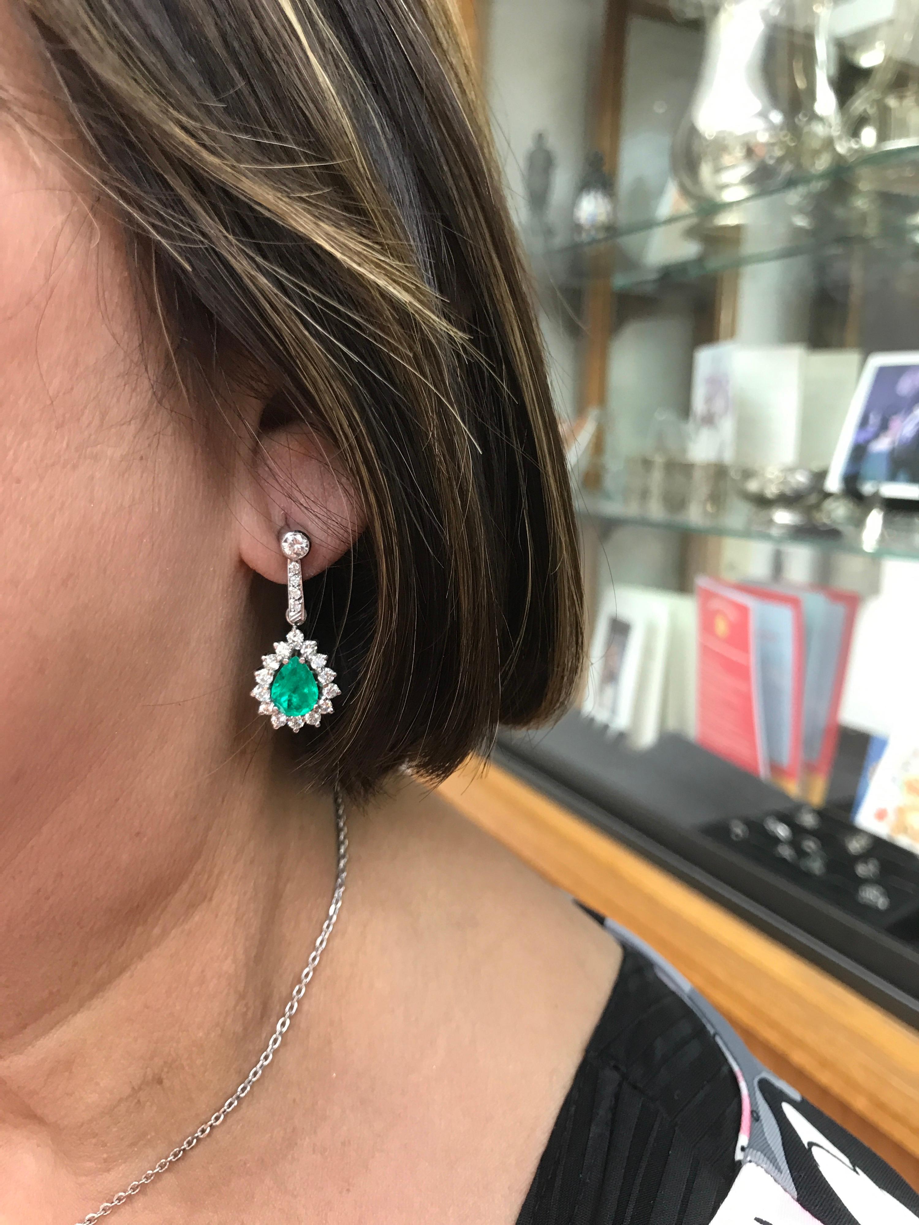 Women's Pear Shaped Emerald Diamond White Gold Drop Earrings