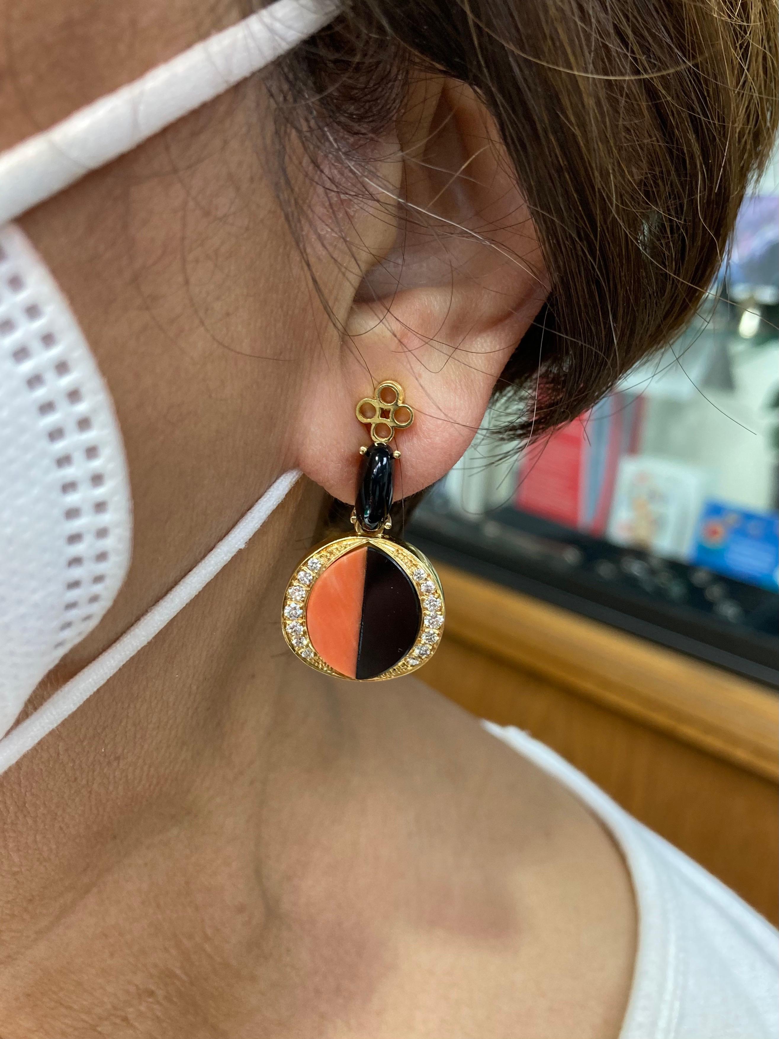 Modern Coral Diamond Black Onyx Clip On Yellow Gold Drop Earrings For Sale