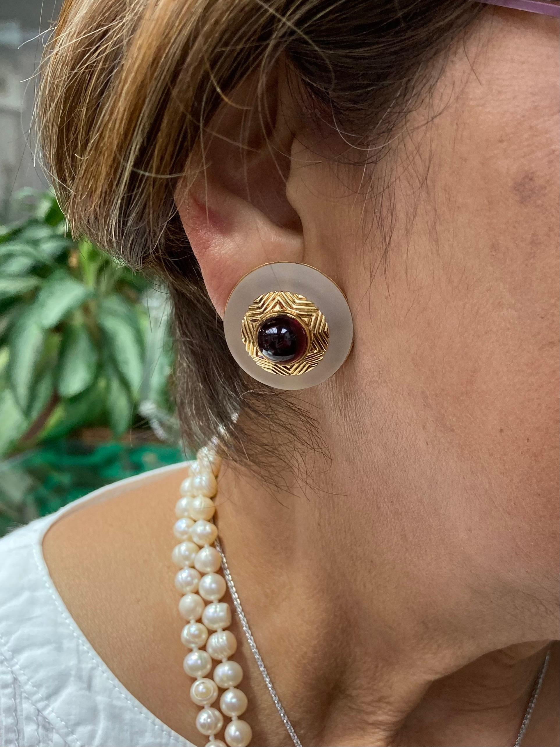 Cabochon Tiffany & Co. Rock Crystal Garnet Yellow Gold Clip On Earrings