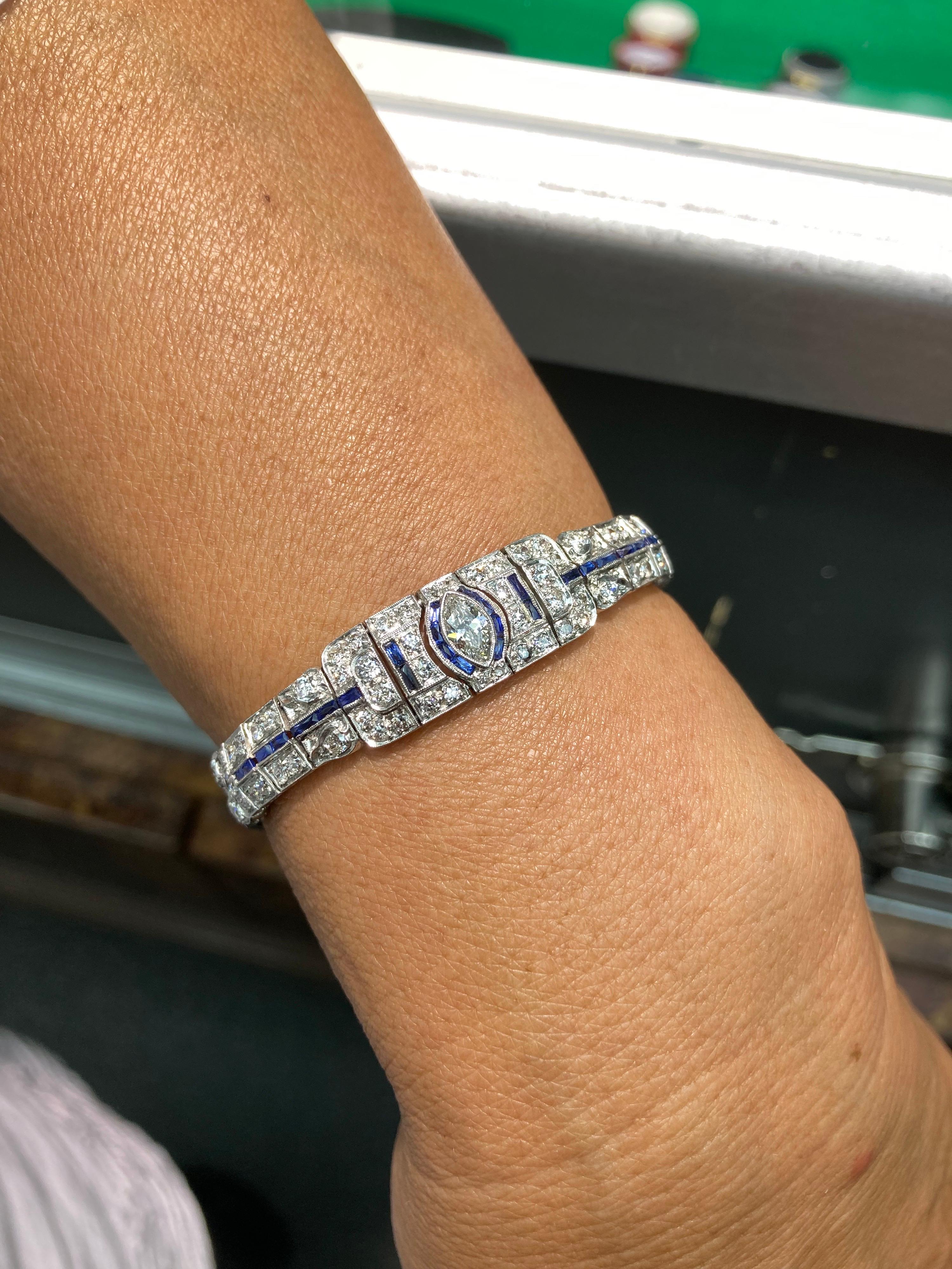 Art Deco Diamond Sapphire Platinum Bracelet 1