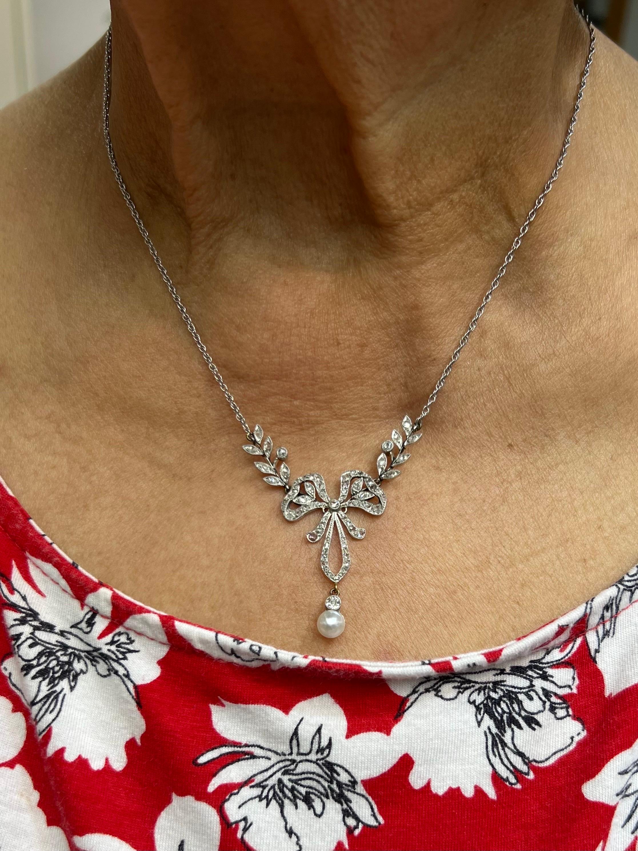Edwardian Rose Cut Diamond Pearl Bow Necklace  1
