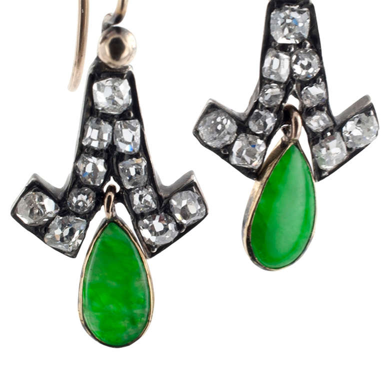 Victorian Precious Antique Jade Diamond Pendent Earrings
