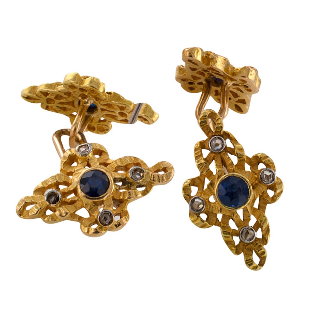 Art Nouveau Sapphire Diamond Gold Cuff Links In Excellent Condition In Los Angeles, CA