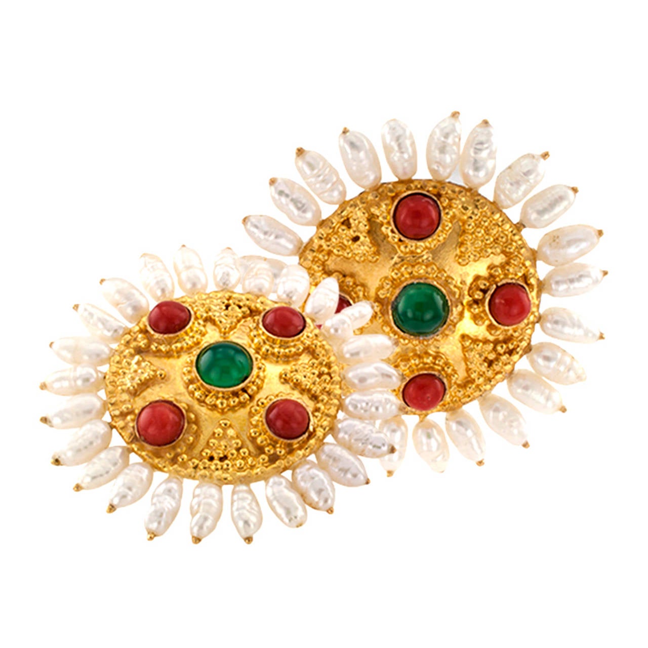 Large Scale Coral Green Onyx  Pearl High Karat Gold Earrings