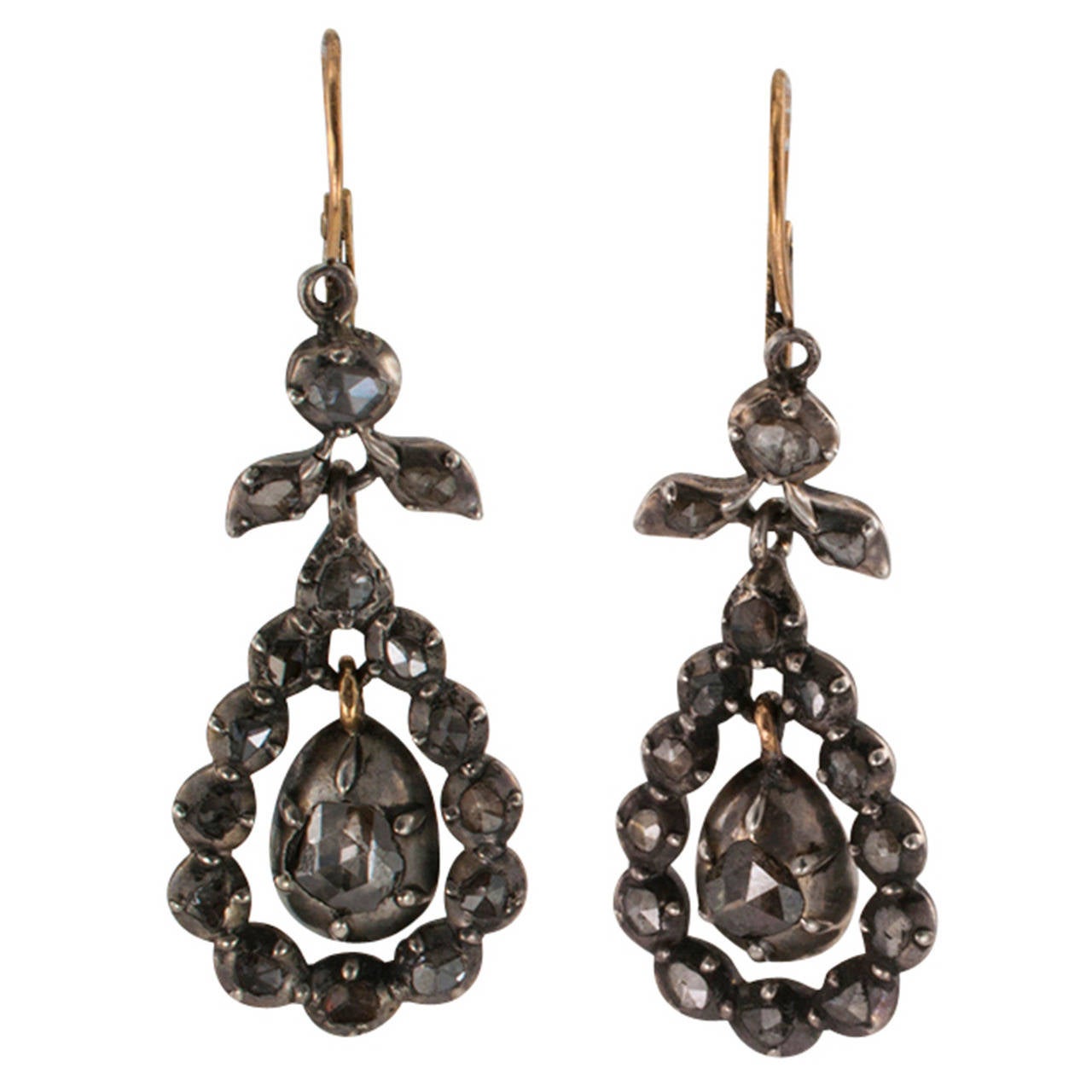 Antique Diamond Silver Gold Pendant Earrings For Sale at 1stdibs