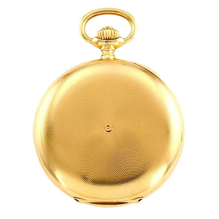 Longines 18k yellow gold hunting case pocket watch, circa 1911.
The ultra pristine condition proclaims that it has been a treasure all along, with an engine-turned engraved pattern on both front and back covers, the white dial with Arabic numerals