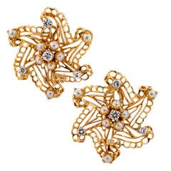 Cultured Pearl Diamond Gold Lacy Pinwheel Ear Clips
