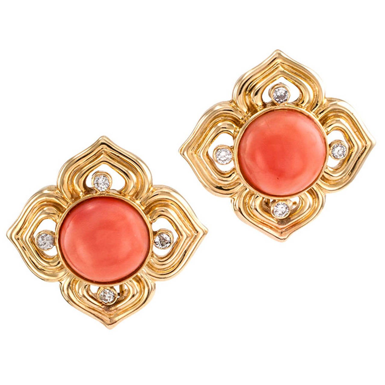 Quatrefoil Coral Diamond Gold Earrings