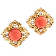Quatrefoil Coral Diamond Gold Earrings