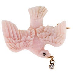 Victorian Carved Pink Coral And Diamond Dove Brooch