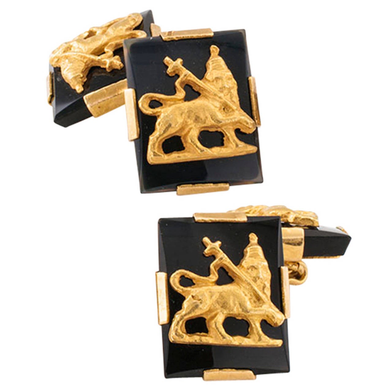 Black Onyx Gold Double-Sided Lion Cuff Links