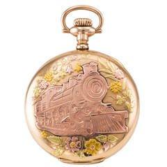 Elgin - Montre de poche en or tricolore avec moteur de locomotive de chemin de fer