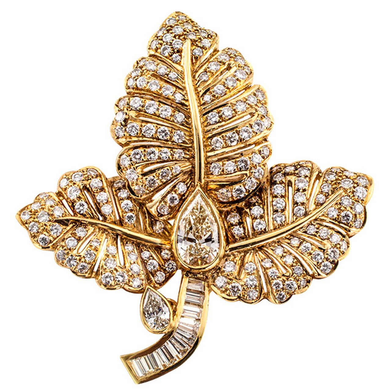 1980s Diamond Gold Intensive Leaf Brooch