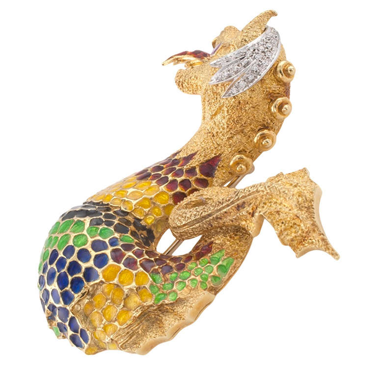 Incredible Multicolor Enamel Ruby and Diamond Dragon Brooch In Excellent Condition In Los Angeles, CA