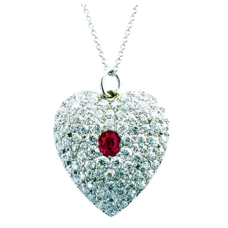 Edwardian Diamond Ruby Gold Platinum Heart Pendant