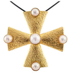 Great Large Scale Gold Maltese Cross Pendant With Pearls