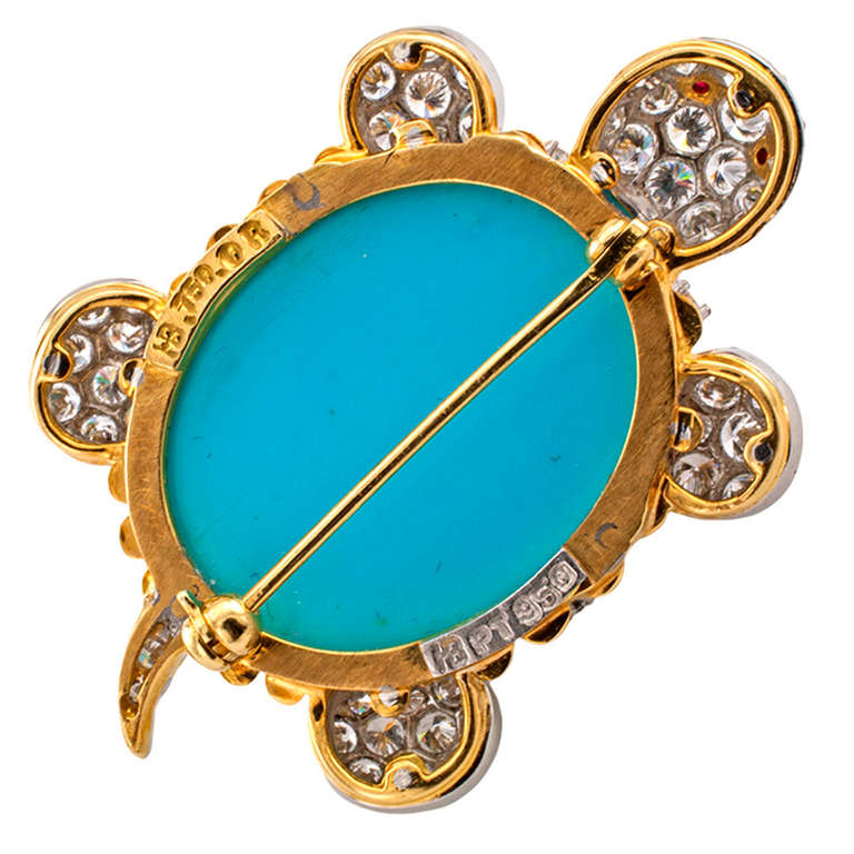 Contemporary Hammerman Brothers Turquoise Diamond Gold Turtle Brooch