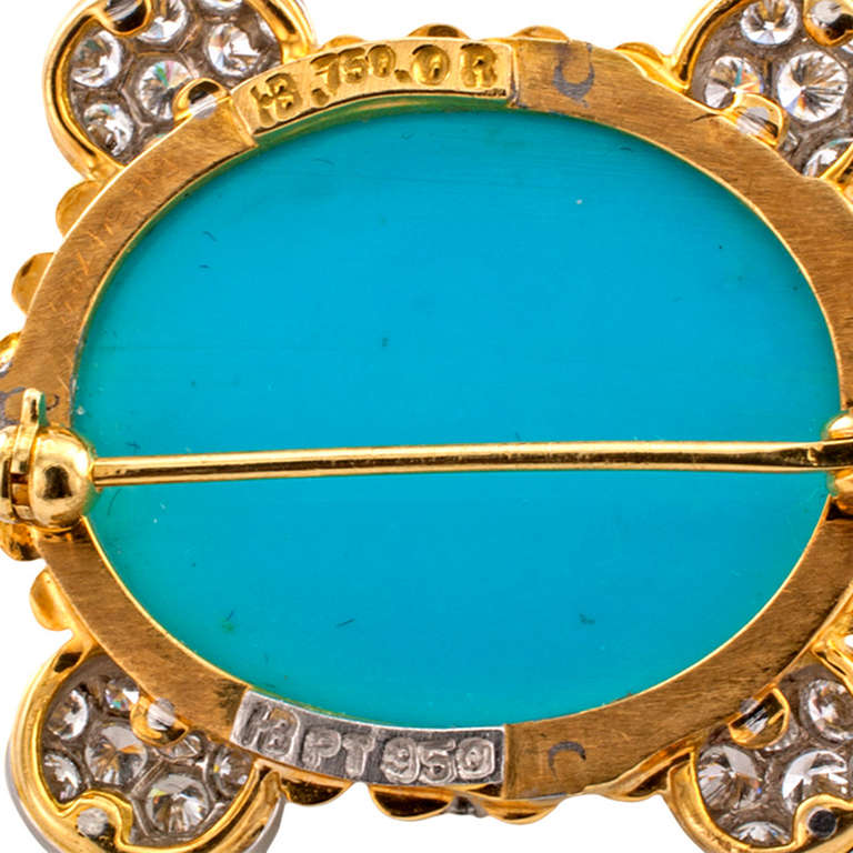 Hammerman Brothers Turquoise Diamond Gold Turtle Brooch In Excellent Condition In Los Angeles, CA