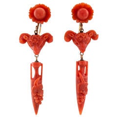 Victorian Archaeological Revival Carved Coral Pendant Earrings