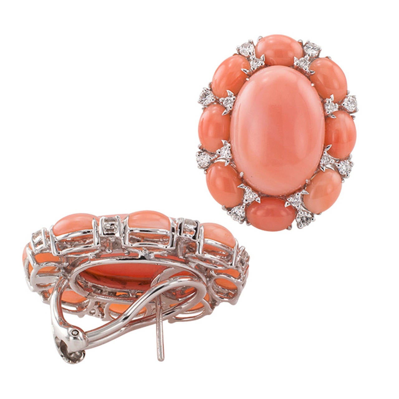 Contemporary Coral Cabochon Diamond Earrings