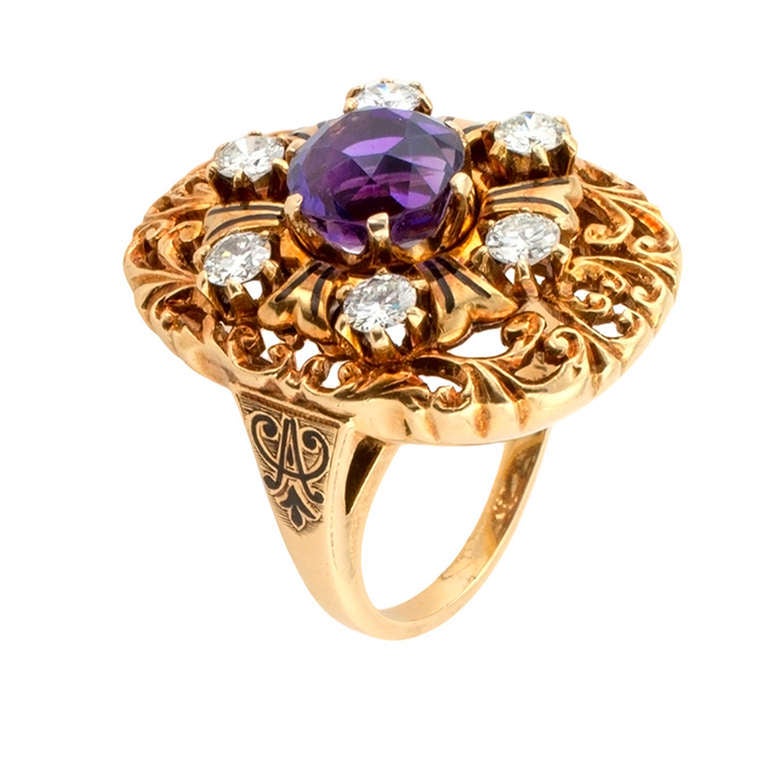 Amethyst Diamond Gold Dinner Ring In Excellent Condition In Los Angeles, CA