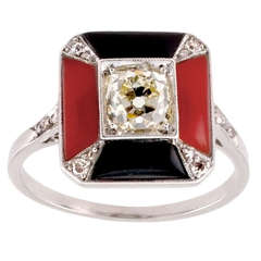 Elegant Art Deco Coral Onyx Diamond Platinum Ring
