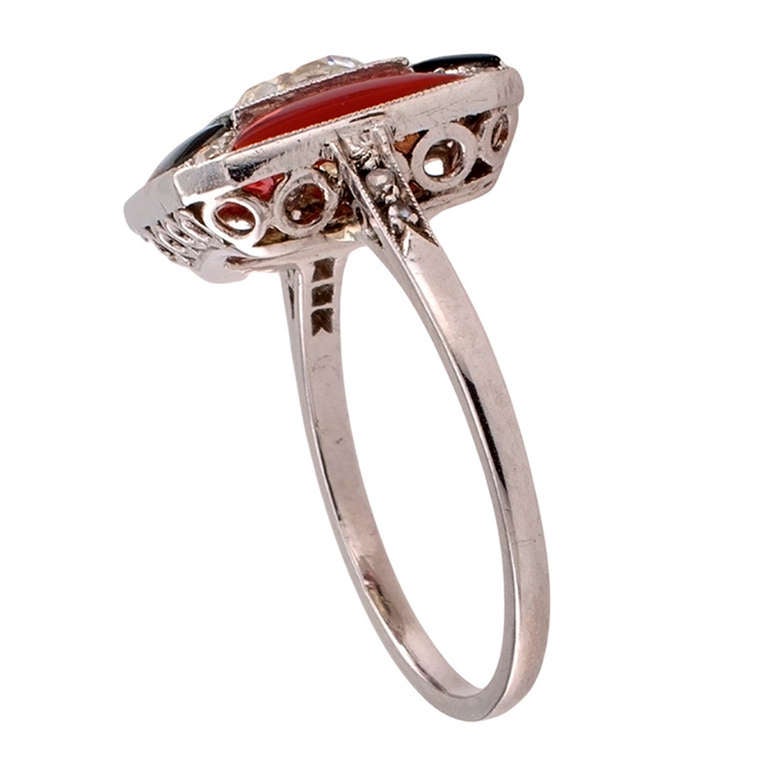 Women's Elegant Art Deco Coral Onyx Diamond Platinum Ring