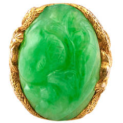 Antique Art Nouveau Carved Green Jade Dragon Ring