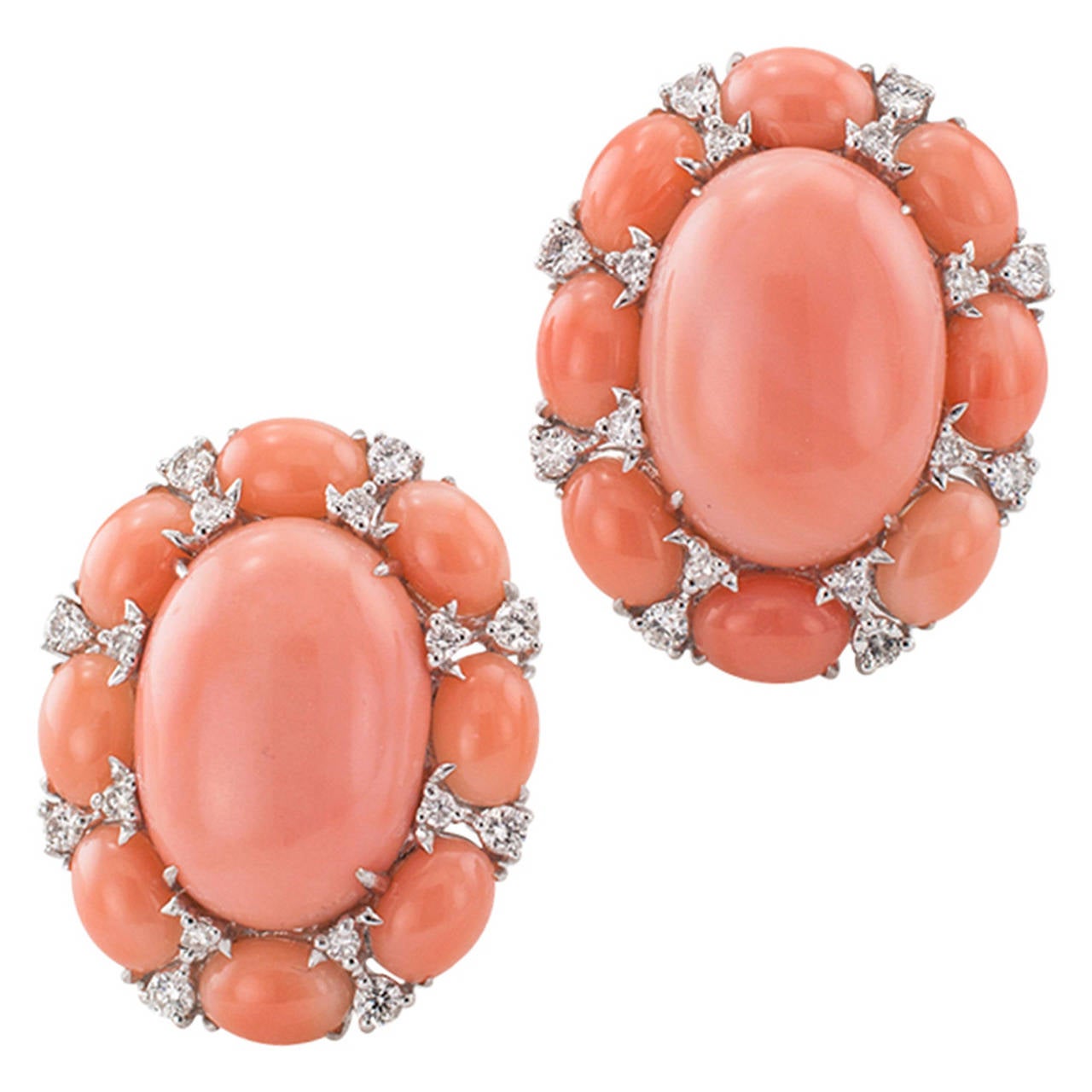 Coral Cabochon Diamond Earrings