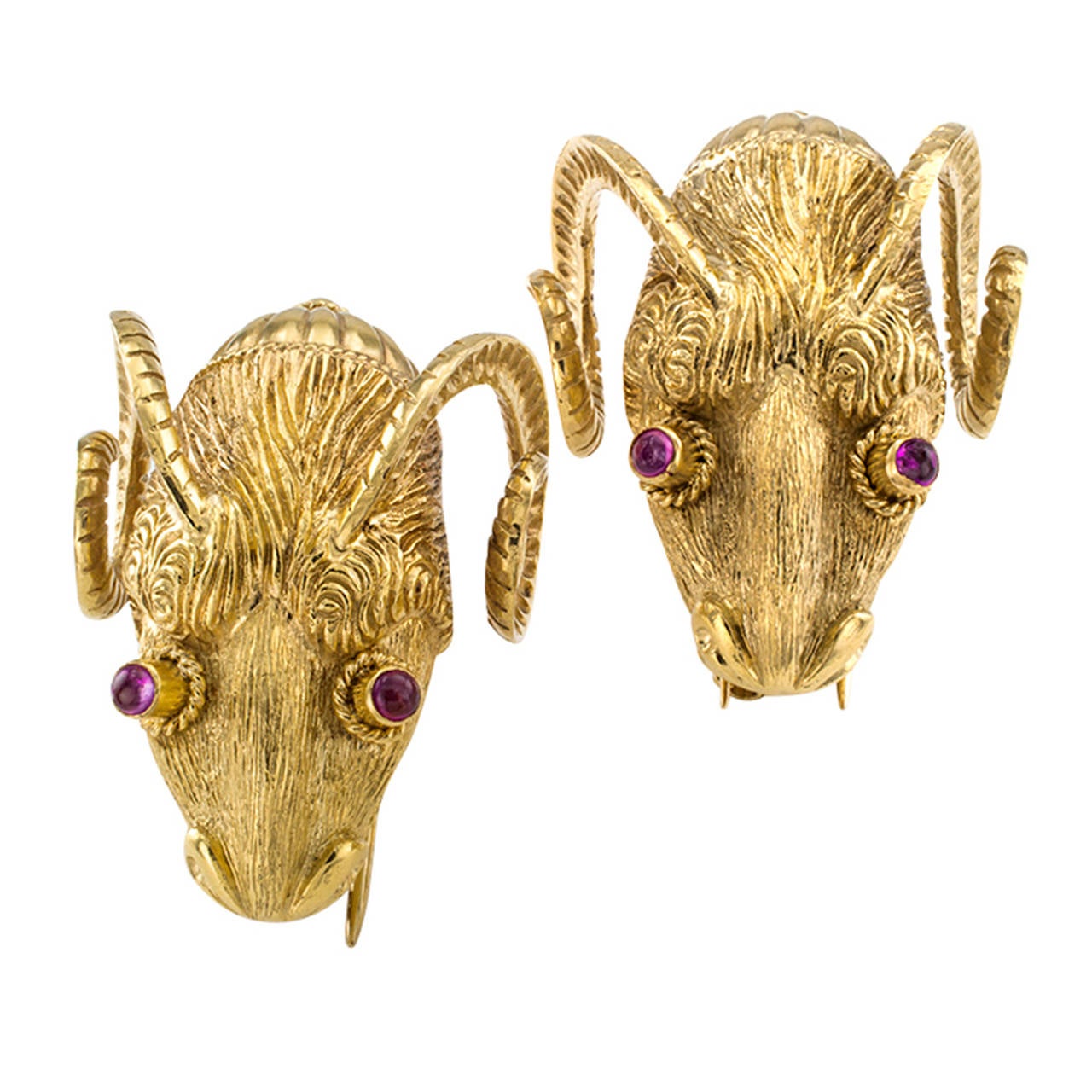 1960s Pair of Ruby Gold Ram's Head Clip/Brooches