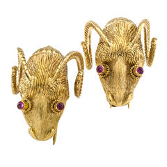 1960s Pair of Ruby Gold Ram's Head Clip/Brooches