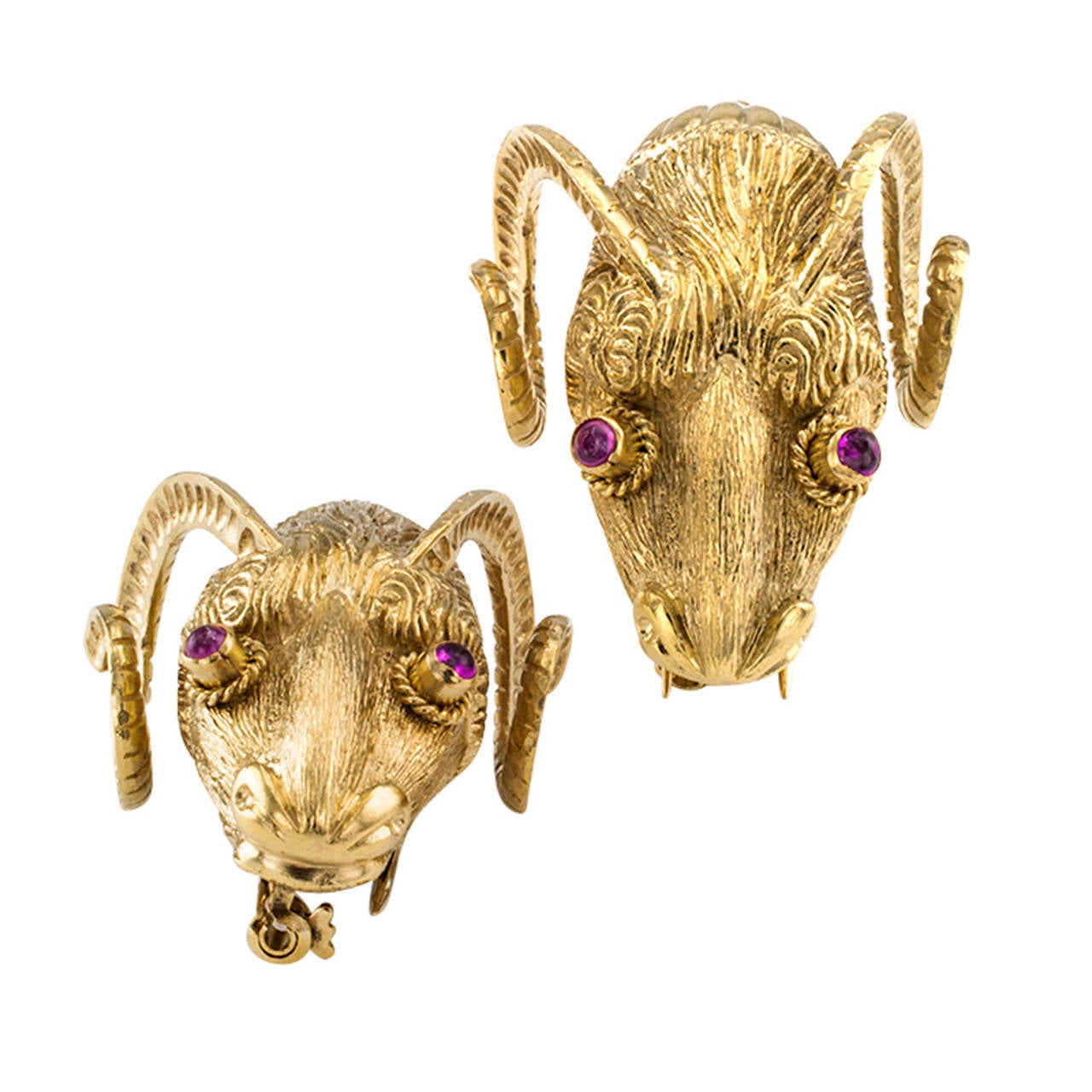 Modern 1960s Pair of Ruby Gold Ram's Head Clip/Brooches
