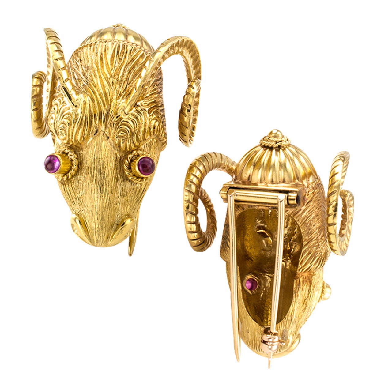 Women's or Men's 1960s Pair of Ruby Gold Ram's Head Clip/Brooches
